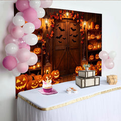 Lofaris Toile de fond d'Halloween avec citrouilles lumineuses et chauves-souris, décor rustique pour fête d'automne et photographie