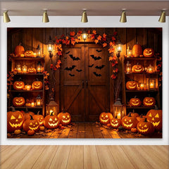 Lofaris Toile de fond d'Halloween avec citrouilles lumineuses et chauves-souris, décor rustique pour fête d'automne et photographie