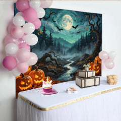 Lofaris Toile de fond d'Halloween citrouilles lumineuses et chauves-souris, décor de forêt hantée pour fête ou studio photo