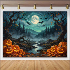 Lofaris Toile de fond d'Halloween citrouilles lumineuses et chauves-souris, décor de forêt hantée pour fête ou studio photo