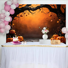 Lofaris Toile de fond d'Halloween avec citrouilles sculptées et arbre sombre, feuilles d'automne et sol fissuré, décor effrayant pour fête