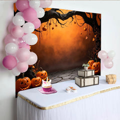 Lofaris Toile de fond d'Halloween avec citrouilles sculptées et arbre sombre, feuilles d'automne et sol fissuré, décor effrayant pour fête