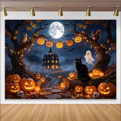 Lofaris Toile de fond d'Halloween avec citrouilles lumineuses et maison hantée, arrière-plan de nuit effrayante pour fête et studio photo