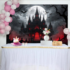 Lofaris Toile de fond d'Halloween château gothique sombre avec pleine lune et chauves-souris, effrayant pour fête d'horreur et studio photo