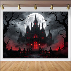 Lofaris Toile de fond d'Halloween château gothique sombre avec pleine lune et chauves-souris, effrayant pour fête d'horreur et studio photo