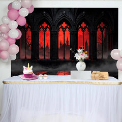 Lofaris Toile de fond d'Halloween gothique avec fenêtres et château rouge, arrière-plan dramatique pour photographie de fête mystérieuse