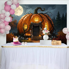 Lofaris Toile de fond d'Halloween avec maison citrouille, pleine lune et crânes, décor effrayant pour fête et studio photo