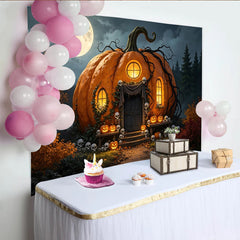 Lofaris Toile de fond d'Halloween avec maison citrouille, pleine lune et crânes, décor effrayant pour fête et studio photo
