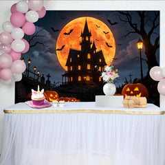 Lofaris Toile de fond d'Halloween maison hantée et pleine lune, décor effrayant avec citrouilles et chauves-souris pour fête