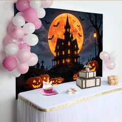 Lofaris Toile de fond d'Halloween maison hantée et pleine lune, décor effrayant avec citrouilles et chauves-souris pour fête