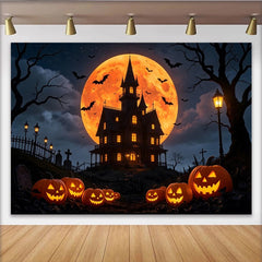 Lofaris Toile de fond d'Halloween maison hantée et pleine lune, décor effrayant avec citrouilles et chauves-souris pour fête