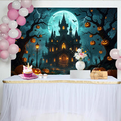 Lofaris Toile de fond d'Halloween château hanté et citrouilles lumineuses sous la pleine lune, décor effrayant pour fête et photographie
