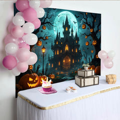 Lofaris Toile de fond d'Halloween château hanté et citrouilles lumineuses sous la pleine lune, décor effrayant pour fête et photographie