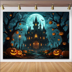Lofaris Toile de fond d'Halloween château hanté et citrouilles lumineuses sous la pleine lune, décor effrayant pour fête et photographie