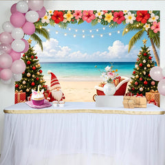 Lofaris Toile de fond de Noël tropicale plage palmiers sapins et Père Noël, décor festif avec cadeaux et traîneau pour séance photo
