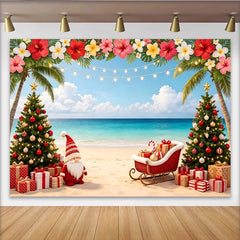 Lofaris Toile de fond de Noël tropicale plage palmiers sapins et Père Noël, décor festif avec cadeaux et traîneau pour séance photo