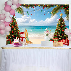 Lofaris Toile de fond de Noël sur la plage tropicale avec bonhomme de neige et palmiers, magnifique décor pour ambiance de fête estivale