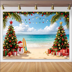 Lofaris Toile de fond de Noël sur la plage tropicale avec bonhomme de neige et palmiers, magnifique décor pour ambiance de fête estivale