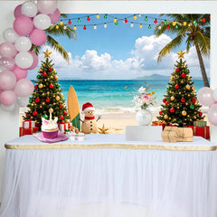 Lofaris Toile de fond de Noël à la plage avec bonhomme de neige et palmiers, décor de fête estival pour photographie de vacances