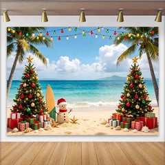 Lofaris Toile de fond de Noël à la plage avec bonhomme de neige et palmiers, décor de fête estival pour photographie de vacances