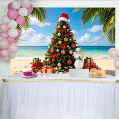 Lofaris Toile de fond de Noël tropicale avec sapin décoré et cadeaux sur la plage, magnifique arrière-plan festif pour studio photo