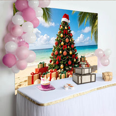 Lofaris Toile de fond de Noël tropicale avec sapin décoré et cadeaux sur la plage, magnifique arrière-plan festif pour studio photo