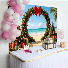 Lofaris Arche de Noël tropicale avec palmiers et cadeaux, toile de fond de Noël sur la plage, arrière-plan festif pour photo de vacances d'été