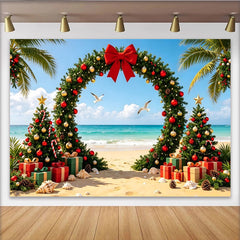 Lofaris Arche de Noël tropicale avec palmiers et cadeaux, toile de fond de Noël sur la plage, arrière-plan festif pour photo de vacances d'été
