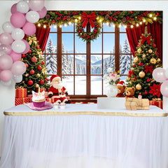 Lofaris Toile de fond de Noël avec fenêtre enneigée et sapins décorés, magnifique arrière-plan festif pour studio photo et célébrations d'hiver