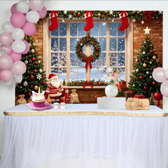 Lofaris Toile de fond de Noël enneigée avec sapins et cadeaux, magnifique arrière-plan hivernal pour studio photo et fête