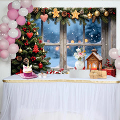 Lofaris Toile de fond de Noël avec sapin enneigé et fenêtre givrée, décor festif pour studio photo et ambiance hivernale