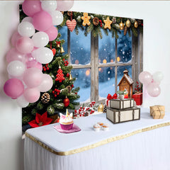 Lofaris Toile de fond de Noël avec sapin enneigé et fenêtre givrée, décor festif pour studio photo et ambiance hivernale
