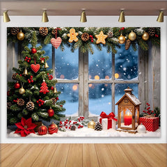 Lofaris Toile de fond de Noël avec sapin enneigé et fenêtre givrée, décor festif pour studio photo et ambiance hivernale