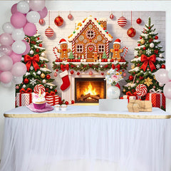 Lofaris Scène de Noël avec maison en pain d'épices et sapins décorés, décor festif pour studio photo et fêtes de fin d'année