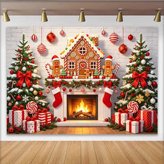 Lofaris Scène de Noël avec maison en pain d'épices et sapins décorés, décor festif pour studio photo et fêtes de fin d'année