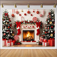 Lofaris Toile de fond de Noël festive avec sapins enneigés et cheminée chaleureuse, magnifique arrière-plan pour célébrations de fin d'année