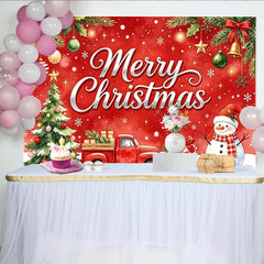 Lofaris Joyeux Noël avec camion rouge et bonhomme de neige, toile de fond de Noël, arrière-plan festif pour arbre, cadeaux et séance photo