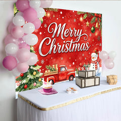 Lofaris Joyeux Noël avec camion rouge et bonhomme de neige, toile de fond de Noël, arrière-plan festif pour arbre, cadeaux et séance photo