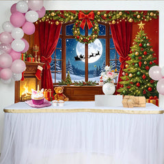 Lofaris Toile de fond de Noël cheminée et sapin avec traîneau du Père Noël, décor magique pour studio photo hivernal