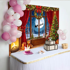 Lofaris Toile de fond de Noël cheminée et sapin avec traîneau du Père Noël, décor magique pour studio photo hivernal