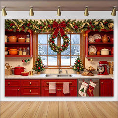 Lofaris Toile de fond de Noël cuisine festive avec guirlande lumineuse et couronne, arrière-plan hivernal pour photographie de vacances