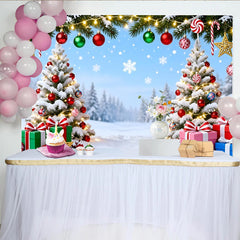 Lofaris Toile de fond de Noël enneigée avec sapins décorés et lumières, arrière-plan festif pour photos de famille et célébrations d'hiver
