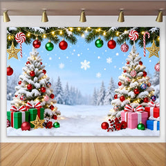 Lofaris Toile de fond de Noël enneigée avec sapins décorés et lumières, arrière-plan festif pour photos de famille et célébrations d'hiver