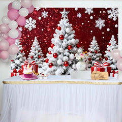 Lofaris Toile de fond de Noël avec sapins blancs enneigés, boules rouges et cadeaux, magnifique décor festif pour studio photo d'hiver