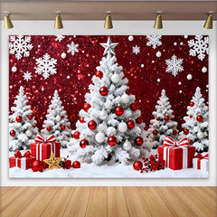 Lofaris Toile de fond de Noël avec sapins blancs enneigés, boules rouges et cadeaux, magnifique décor festif pour studio photo d'hiver