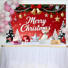 Lofaris Toile de fond de Noël rouge joyeux avec guirlandes et clochettes dorées, décor festif pour célébration de fête d'hiver