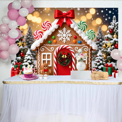 Lofaris Toile de fond de Noël avec maison en pain d'épices, arbres et cadeaux, magnifique arrière-plan de fête d'hiver pour photographie