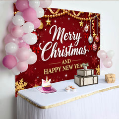 Lofaris Toile de fond de Noël et Nouvel An rouge, étoiles et ornements, flocons de neige et rubans, décor festif pour studio et fête d'hiver