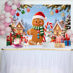 Lofaris Toile de fond de Noël bonhomme en pain d'épices et paysage hivernal, décor festif avec cadeaux et lumières pour séance photo