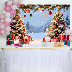 Lofaris Toile de fond de Noël enneigée avec sapins illuminés et cadeaux, magnifique arrière-plan hivernal pour fête et studio photo